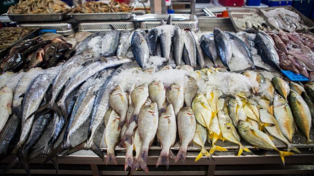 Die Fischauslage auf einem Markt.