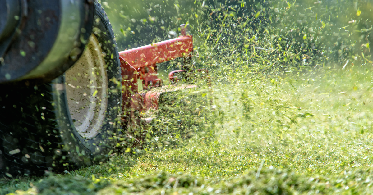 Großer Rasenmäher wirbelt Gras auf.