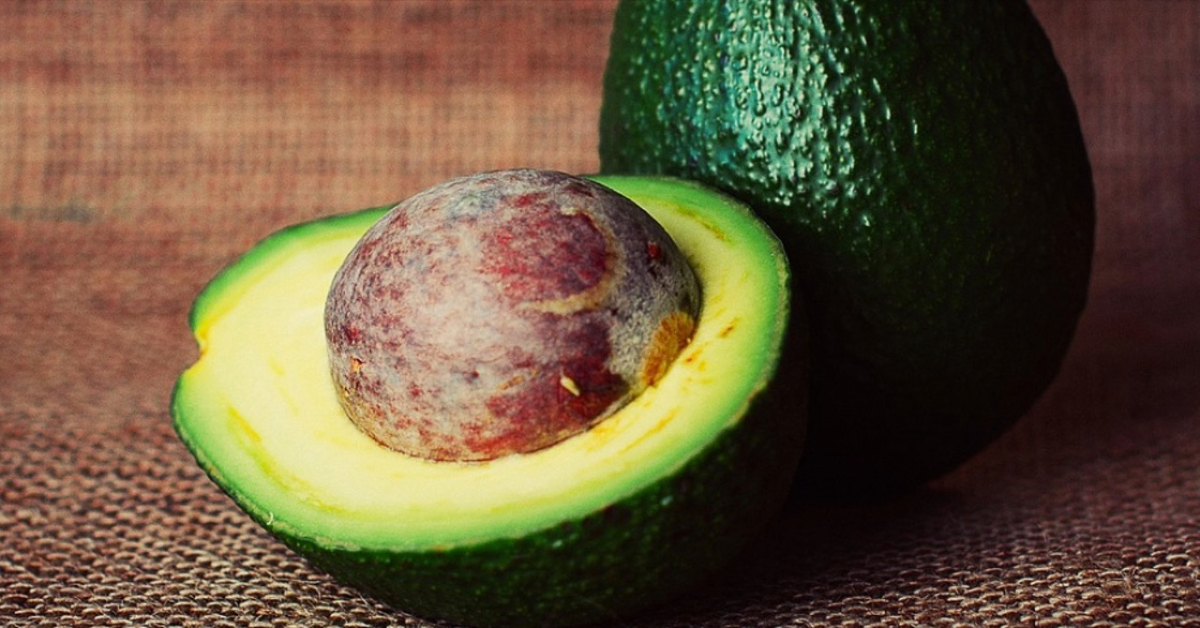 Eine aufgeschnittene Avocado mit einem großen Kern. Avocadokern verwenden.