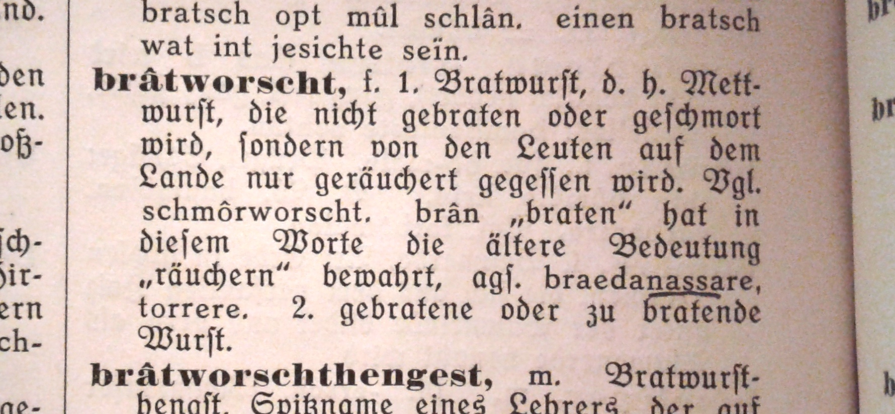 Auszug aus einem alten Nordharzer WÃ¶rterbuch zum Wort Bratworscht