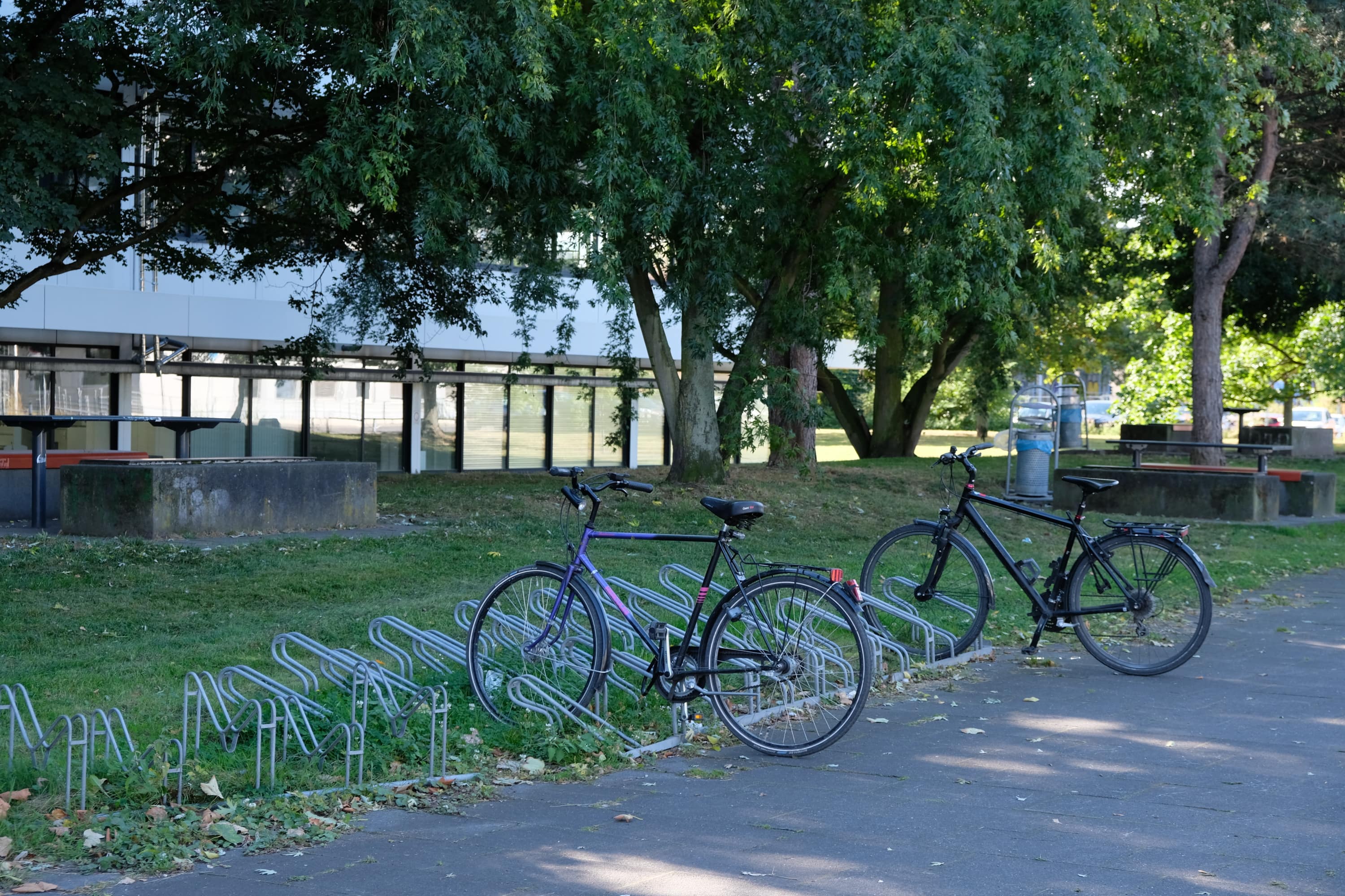 Zwei FahrrÃ¤der, die in einem Ã¶ffentlichen FahrradstÃ¤nder abgestellt wurden. Der sogenannte â€žFelgenkillerâ€œ macht jedoch die Reifen kaputt.