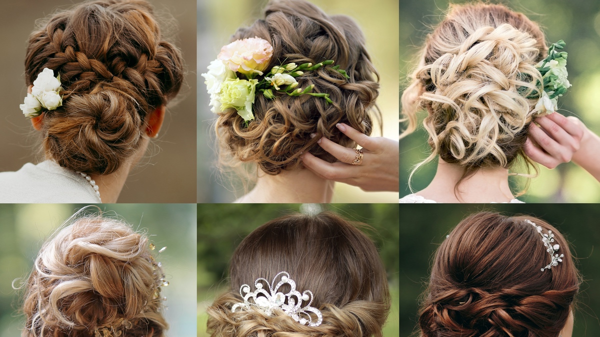 Verschiedenen Frauen mit Hochsteckfrisuren von hinten fotografiert.