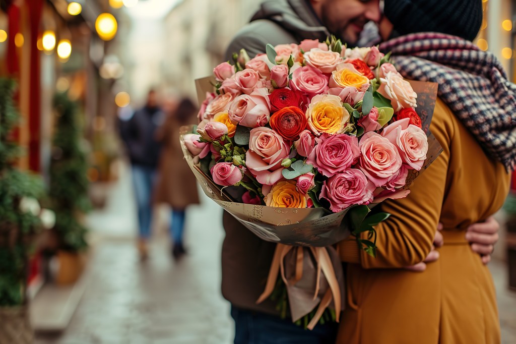 Junges, glückliches Paar mit einem großen Rosenstrauß.