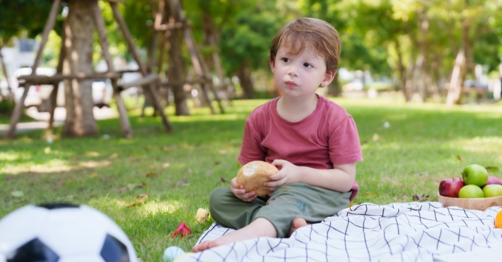 Junge sitzt auf einer Picknickdecke, während er ein Brötchen in den Händen hält