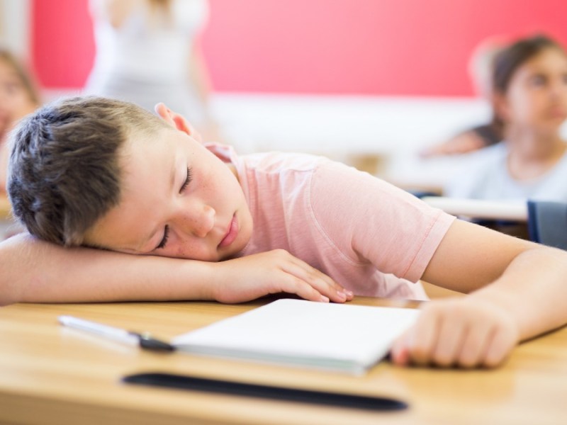 Junge schläft vor Erschöpfung auf dem Schultisch ein