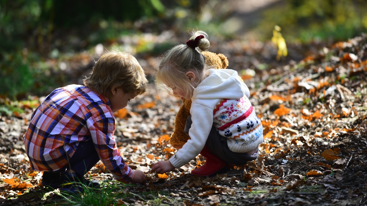 zwei Kinder sammeln im Wald Dinge vom Boden auf