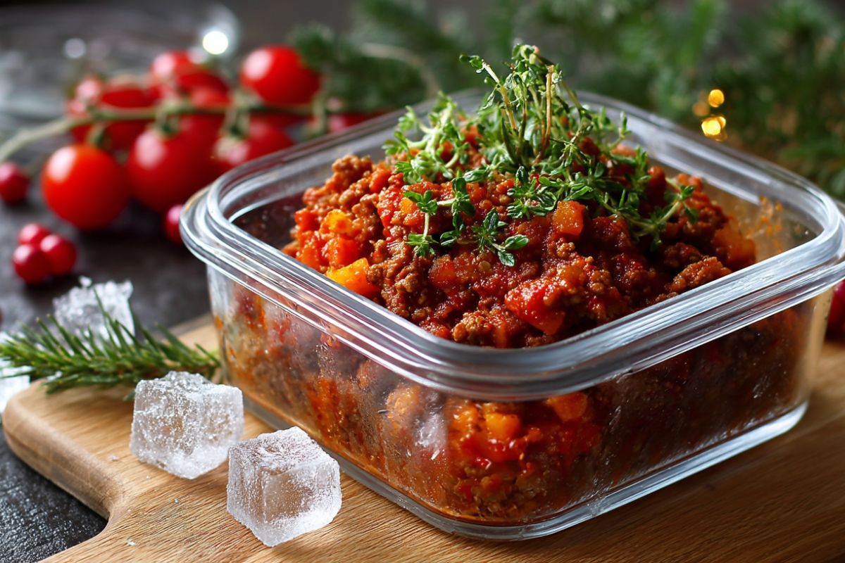 EIne Portion Bolognese in einer Aufbewahrungsbox aus Glas.