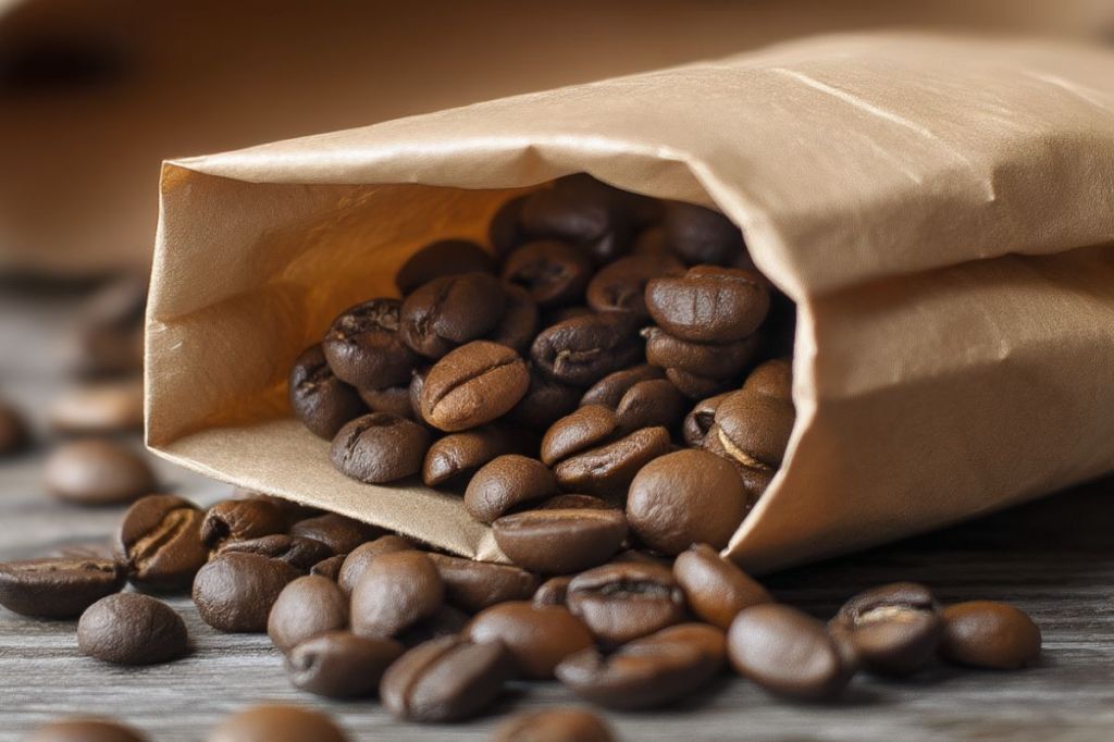 Ein geöffneter Beutel mit Kaffeebohnen