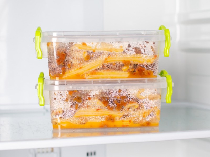 in einem Kühlschrank stehen Nudeln in durchsichtigen Aufbewahrungsboxen